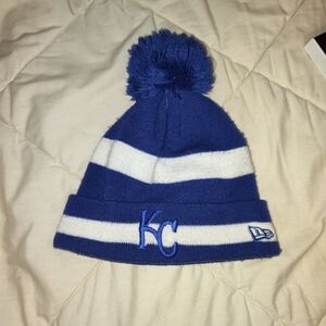 Blue and White Pom Beanie with KC Logo
